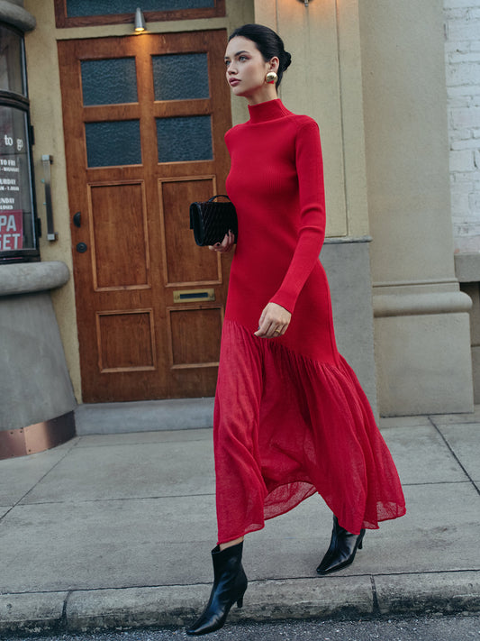 High Neck Pleated Panel Dress