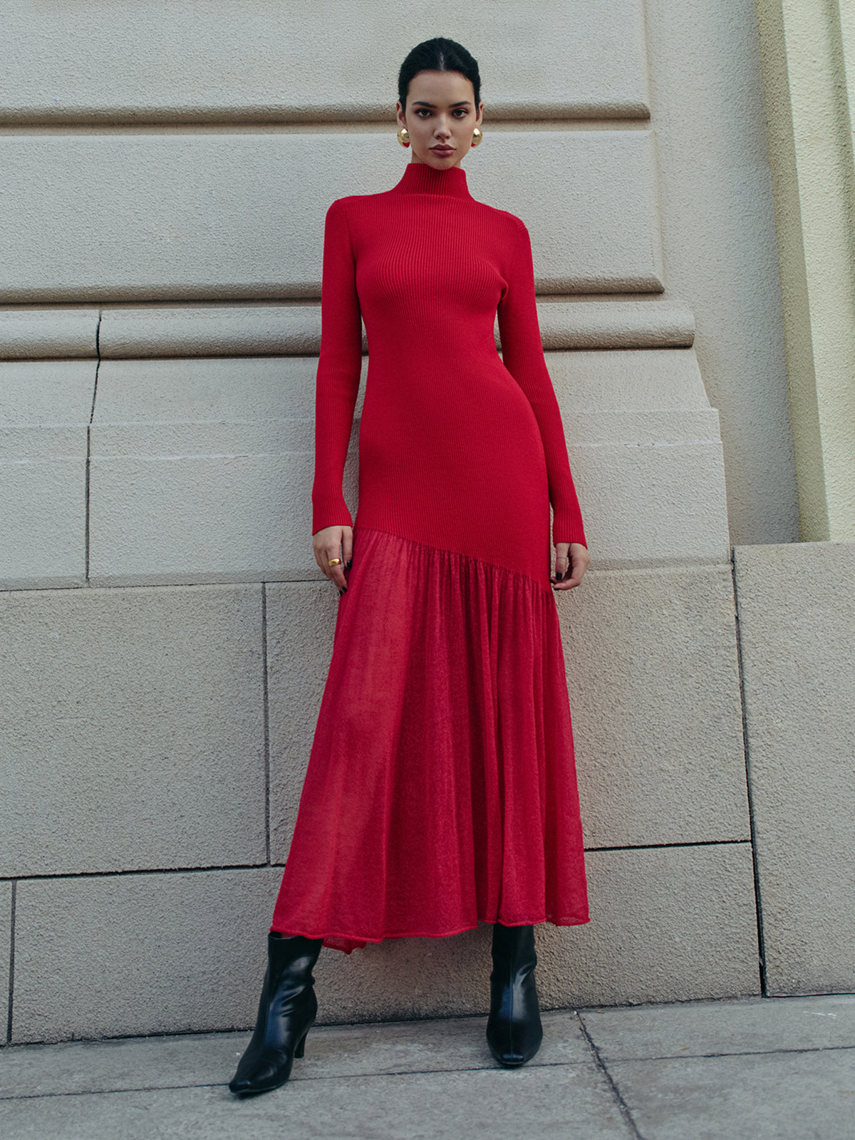 High Neck Pleated Panel Dress