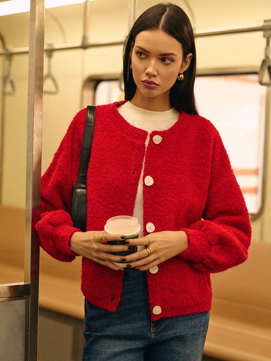 Sade Yün Karışımlı Düğmeli Kardigán