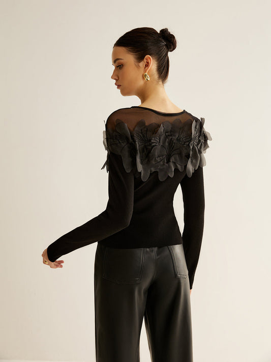Yarı Şeffaf Çiçekli Dekor Slim Bluz