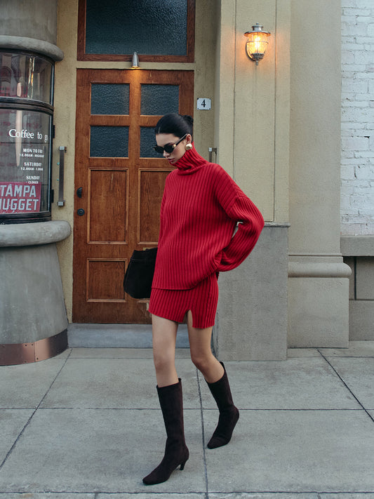 Düz Kabarık Ayrık Kazak Etek Takımı