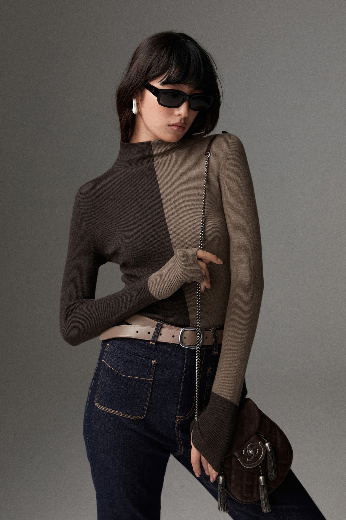 Yün Karışımlı İki Renkli Skinny Örgü Üst