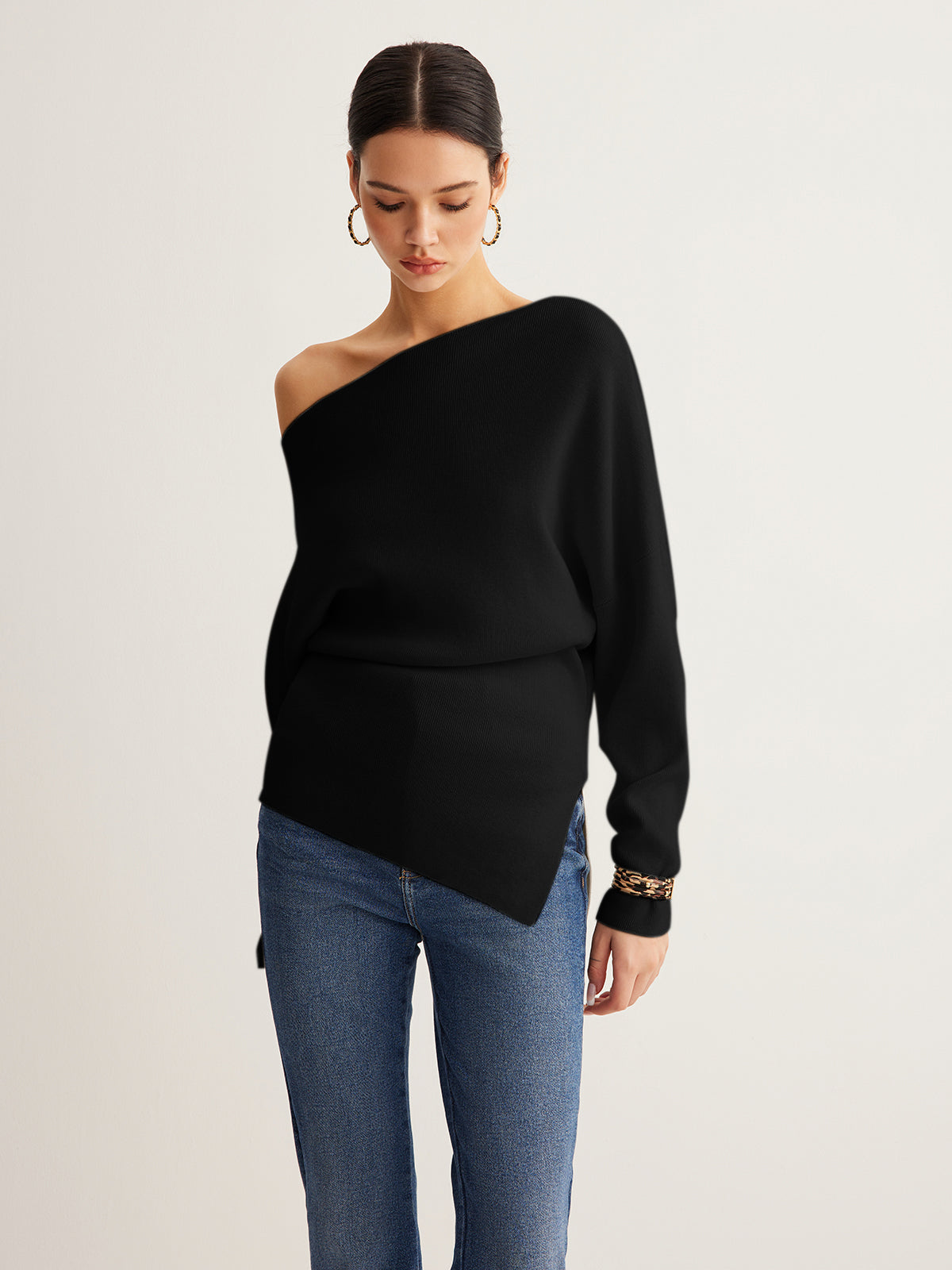 Wool Blend Asymmetric Collar Knit Blouse