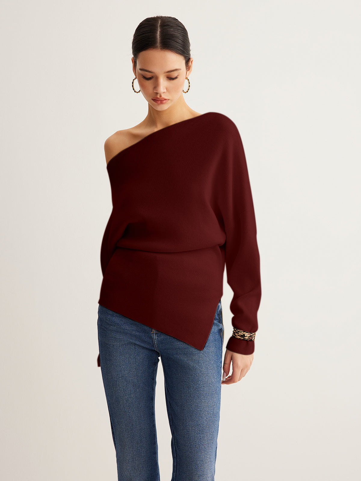 Wool Blend Asymmetric Collar Knit Blouse