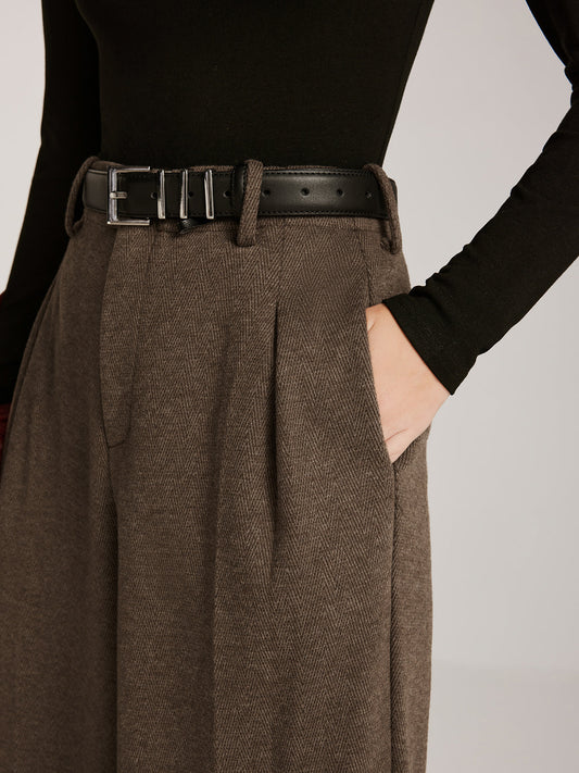 Kemer Olmadan Yün Karışımlı Çizgili Geniş Paça Pantolon