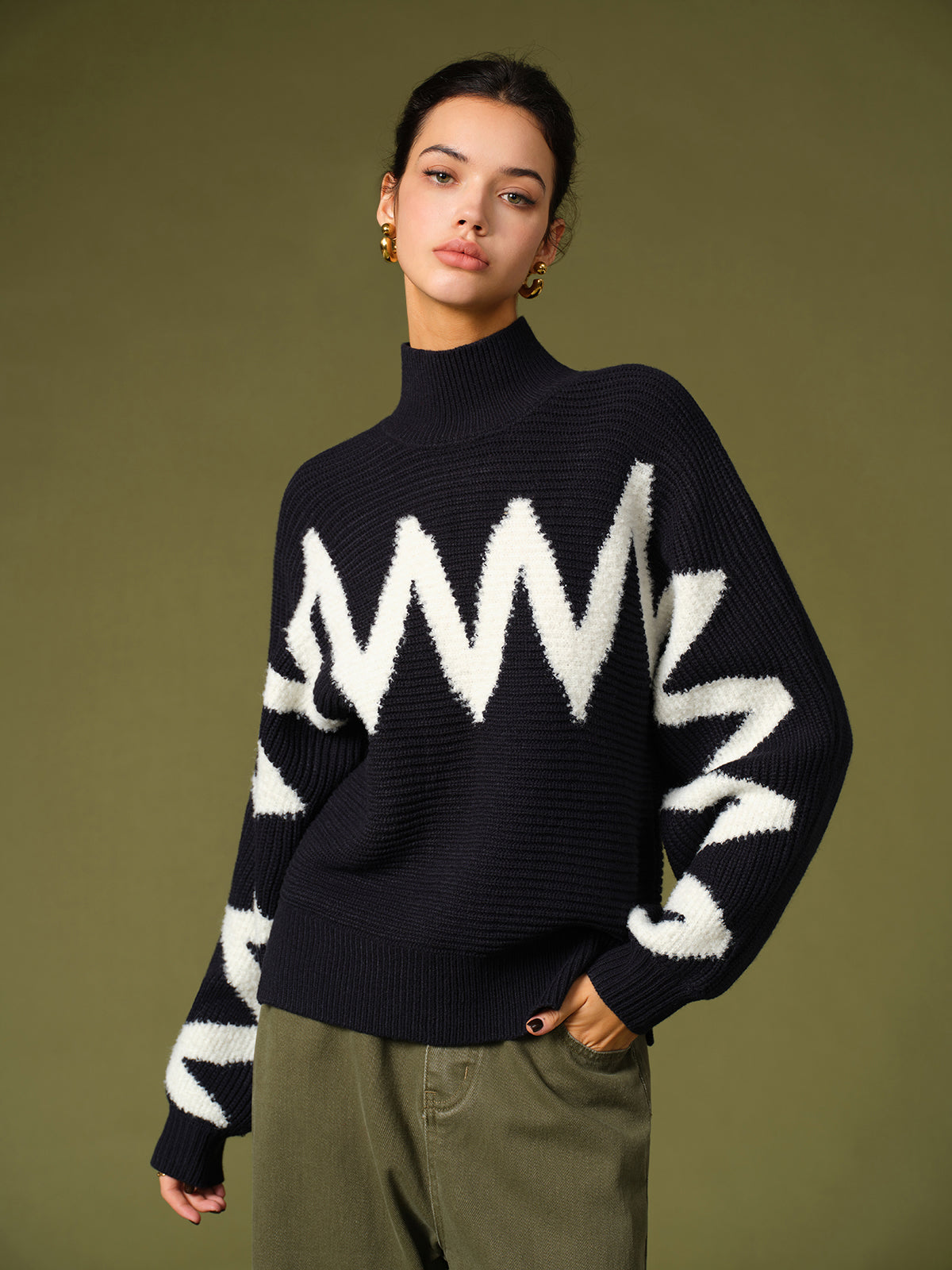 Mock Neck Kontrast Kenar Triko