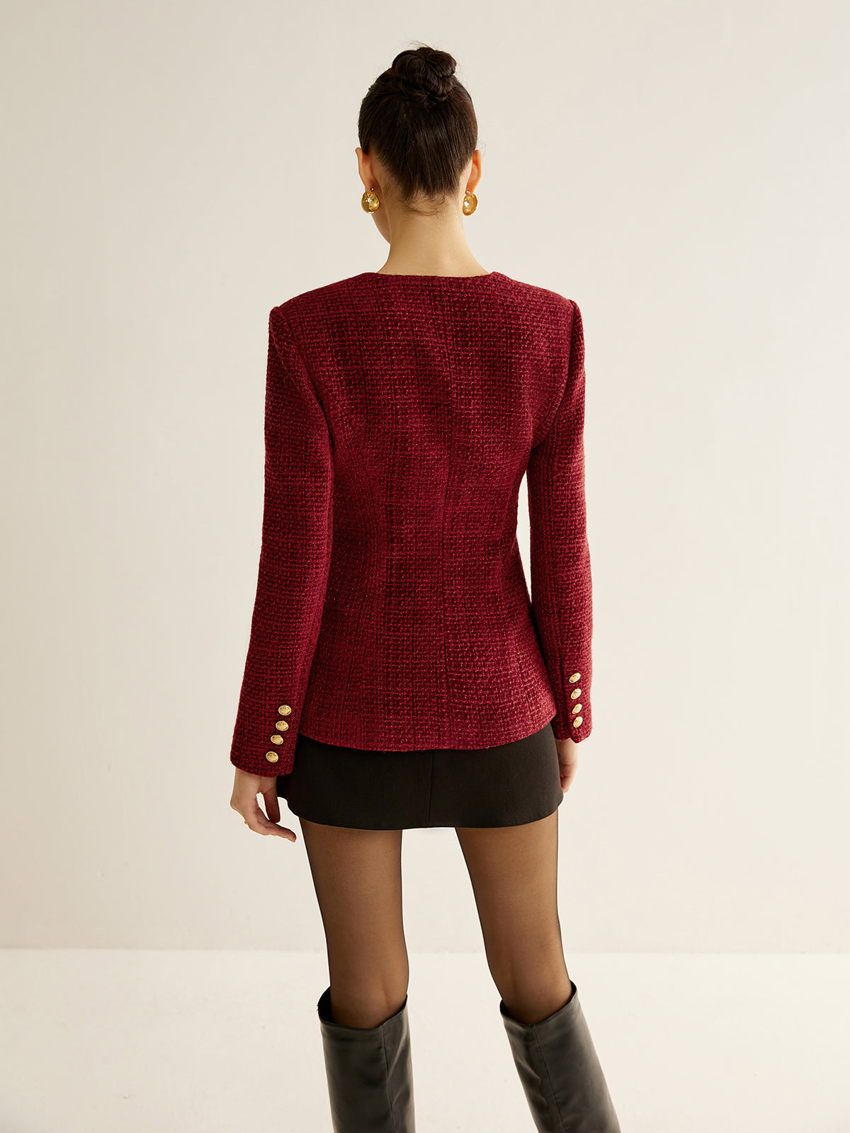 Buttoned Slit Tweed Blazer