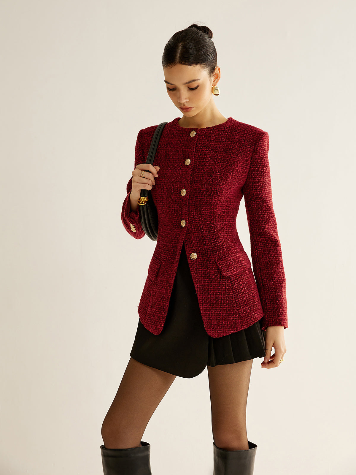 Buttoned Slit Tweed Blazer