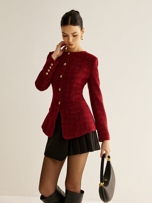 Buttoned Slit Tweed Blazer