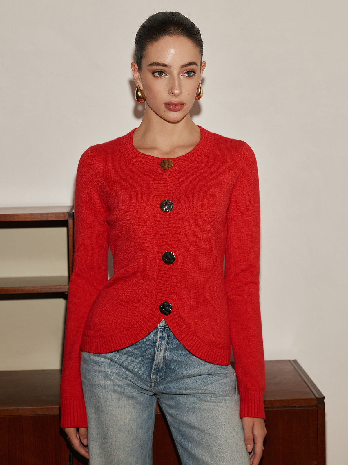 Chic Metal Button Split Cardigan