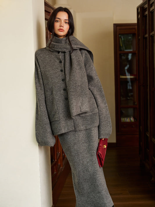 Düz Düğme Kazak Etek Seti, Uyumlu Şal ile