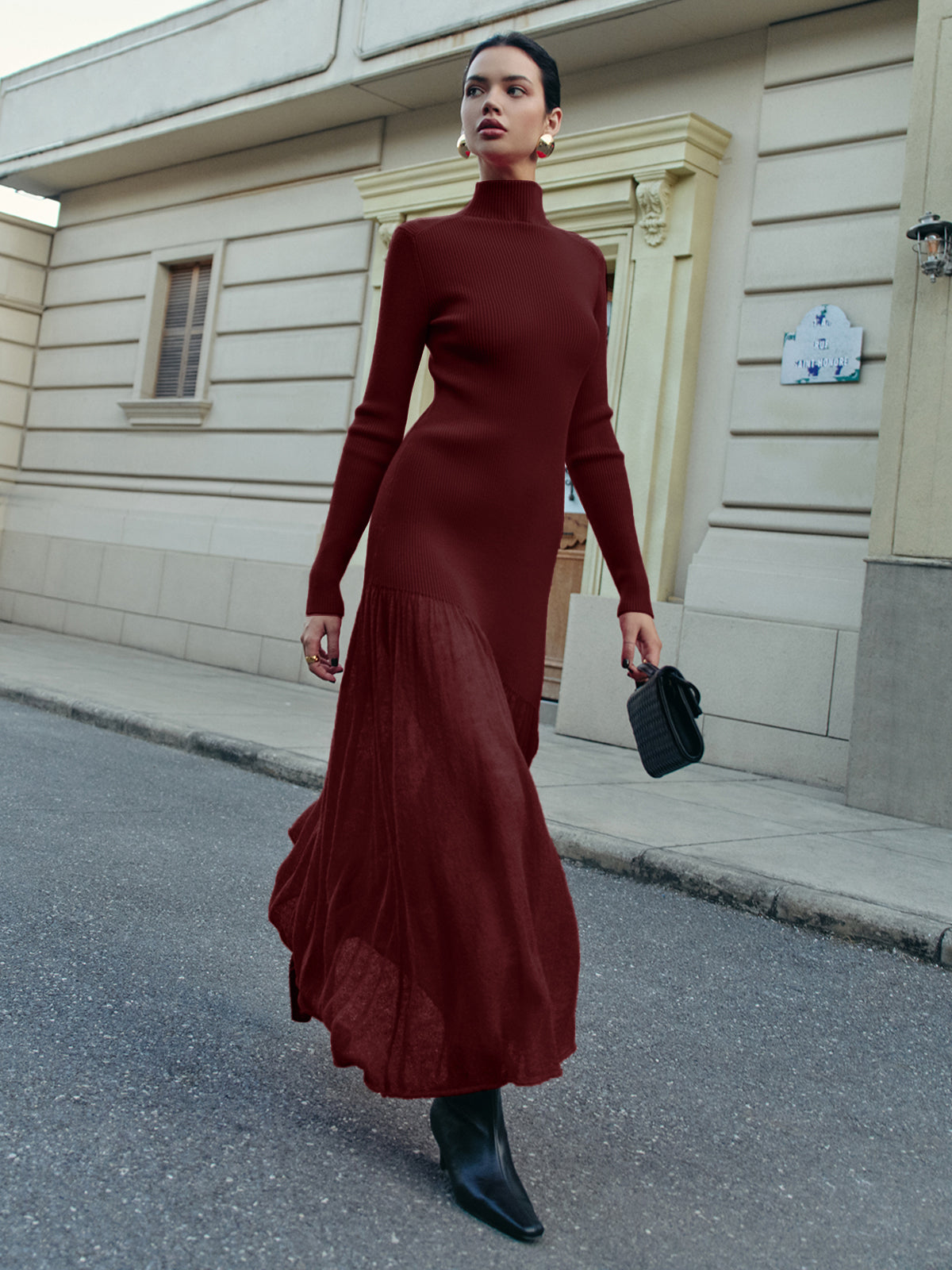 High Neck Pleated Panel Dress