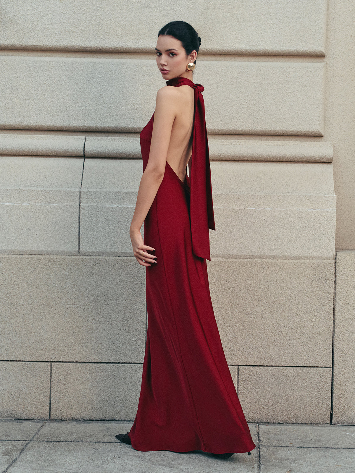Backless Satin Halter Elbise