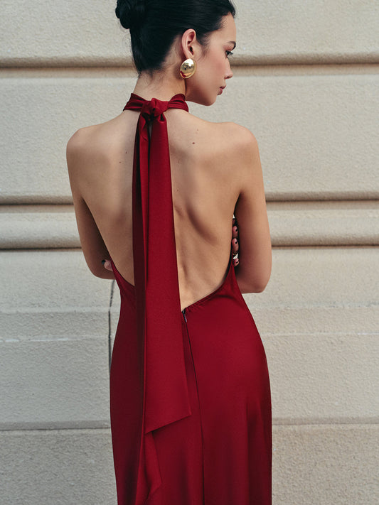Backless Satin Halter Elbise