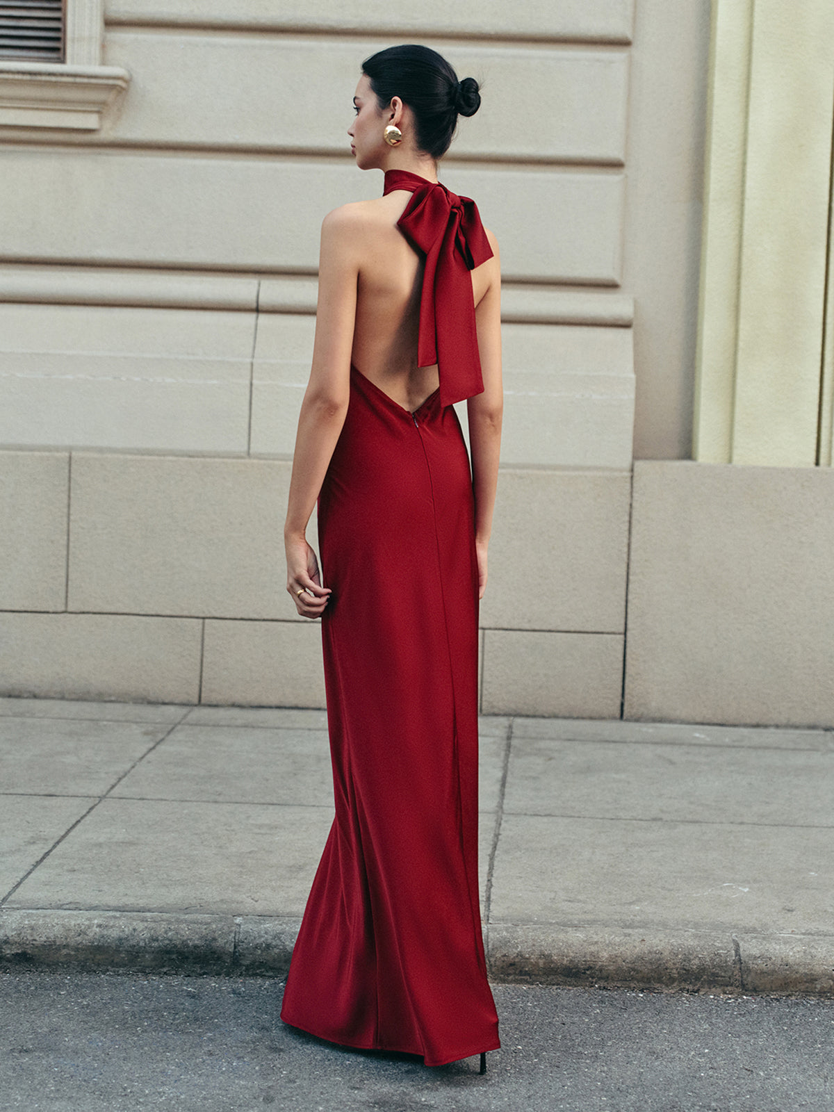 Backless Satin Halter Elbise