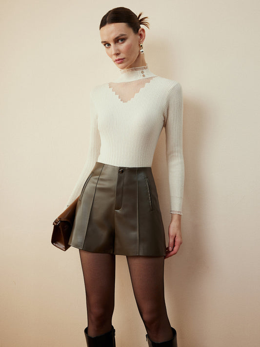 Yüksek Yakalı Şeffaf Detaylı İnce Triko Üst