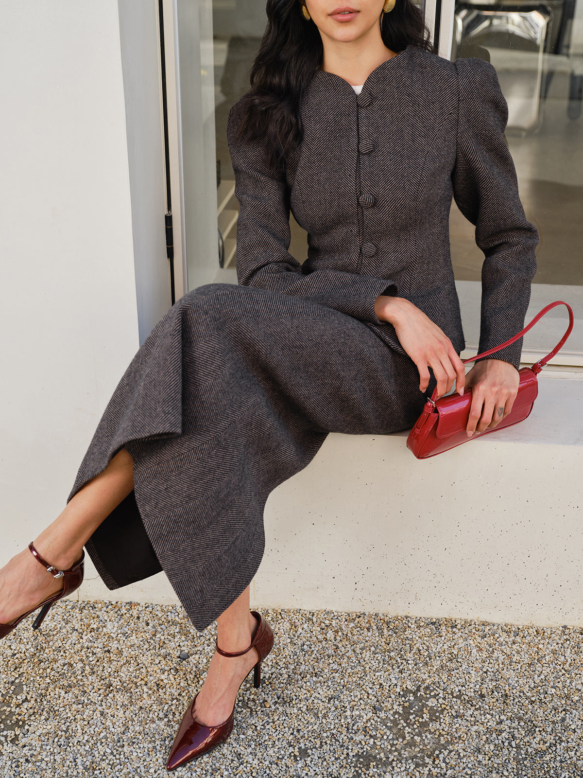 Chevron Düğme İnce Blazer