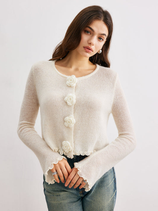 Yün Karışımlı Marul Kenarlı 3D Çiçek Hırka