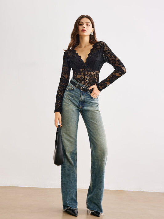 Dalga Kesim Dantel Panel Bodysuit