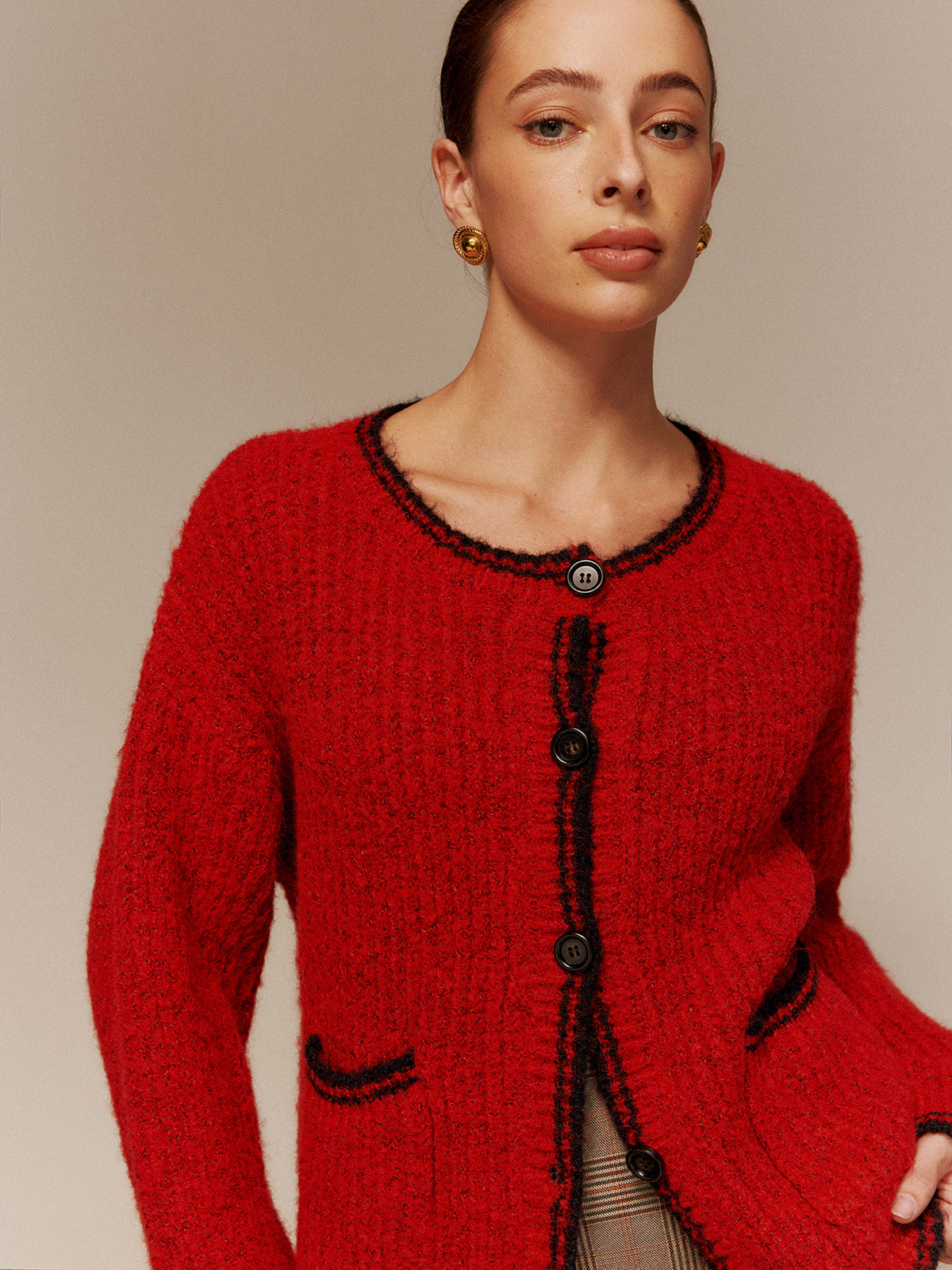 Contrast Trim Cepli Düğmeli Hırka