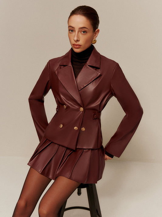 Suni Deri Plise Etek Seti