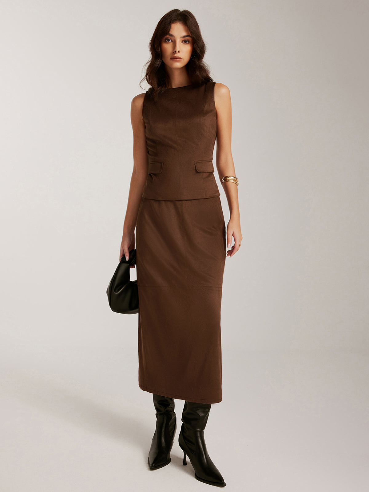 Arka Yırtmaçlı Süet Fermuarlı Etek