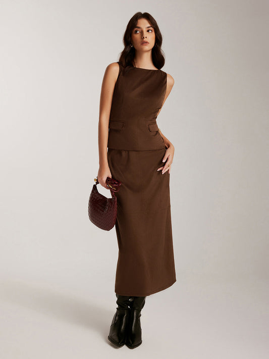 Arka Yırtmaçlı Süet Fermuarlı Etek