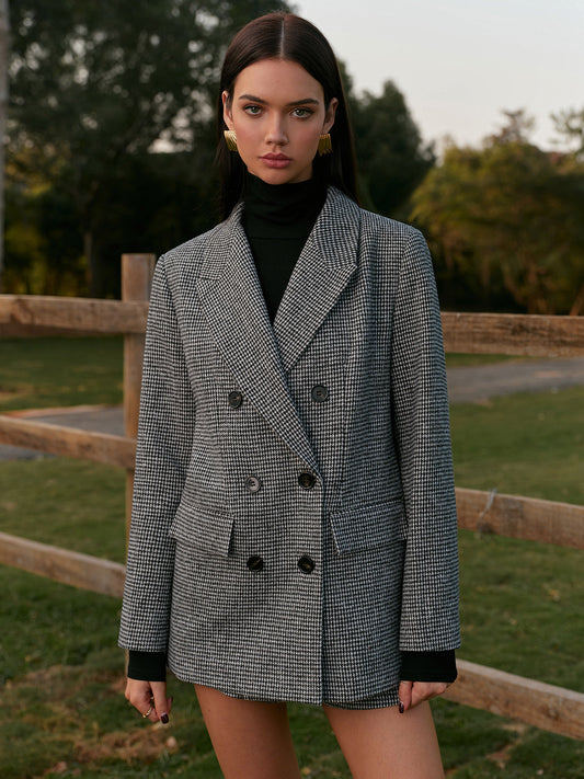 Houndstooth Düğmeli Keten Ceket