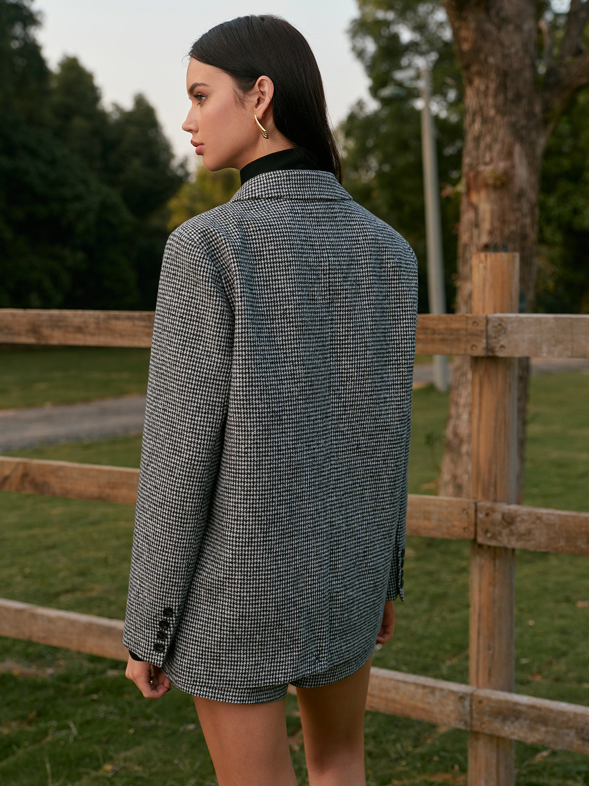 Houndstooth Düğmeli Keten Ceket