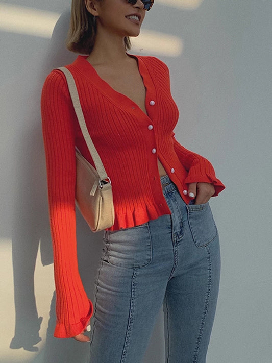 Fırfırlı Kenar İnci Düğme Uzun Kollu Hırka