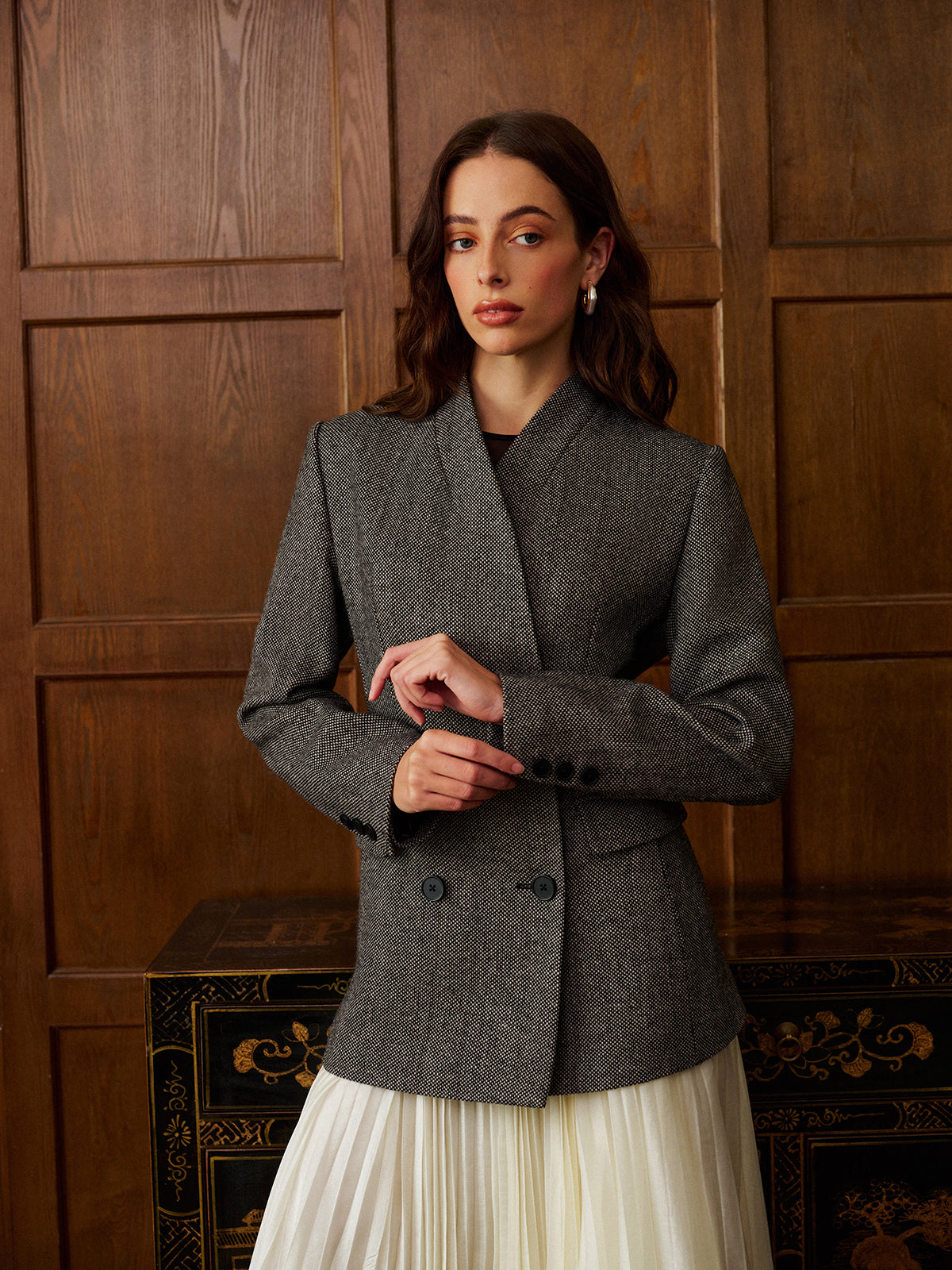 Yün Karışımlı Puantiye Desenli Slim Blazer