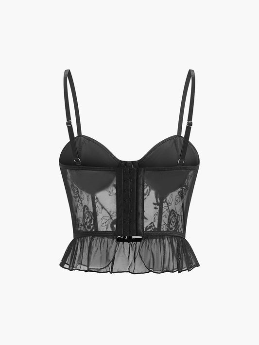 Şeffaf Nakışlı Çiçekli Ruffle Dantel Korse