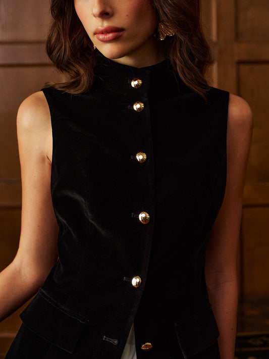 Düğme Yırtmaç Kadife Üst ve Şifon Etek Takımı