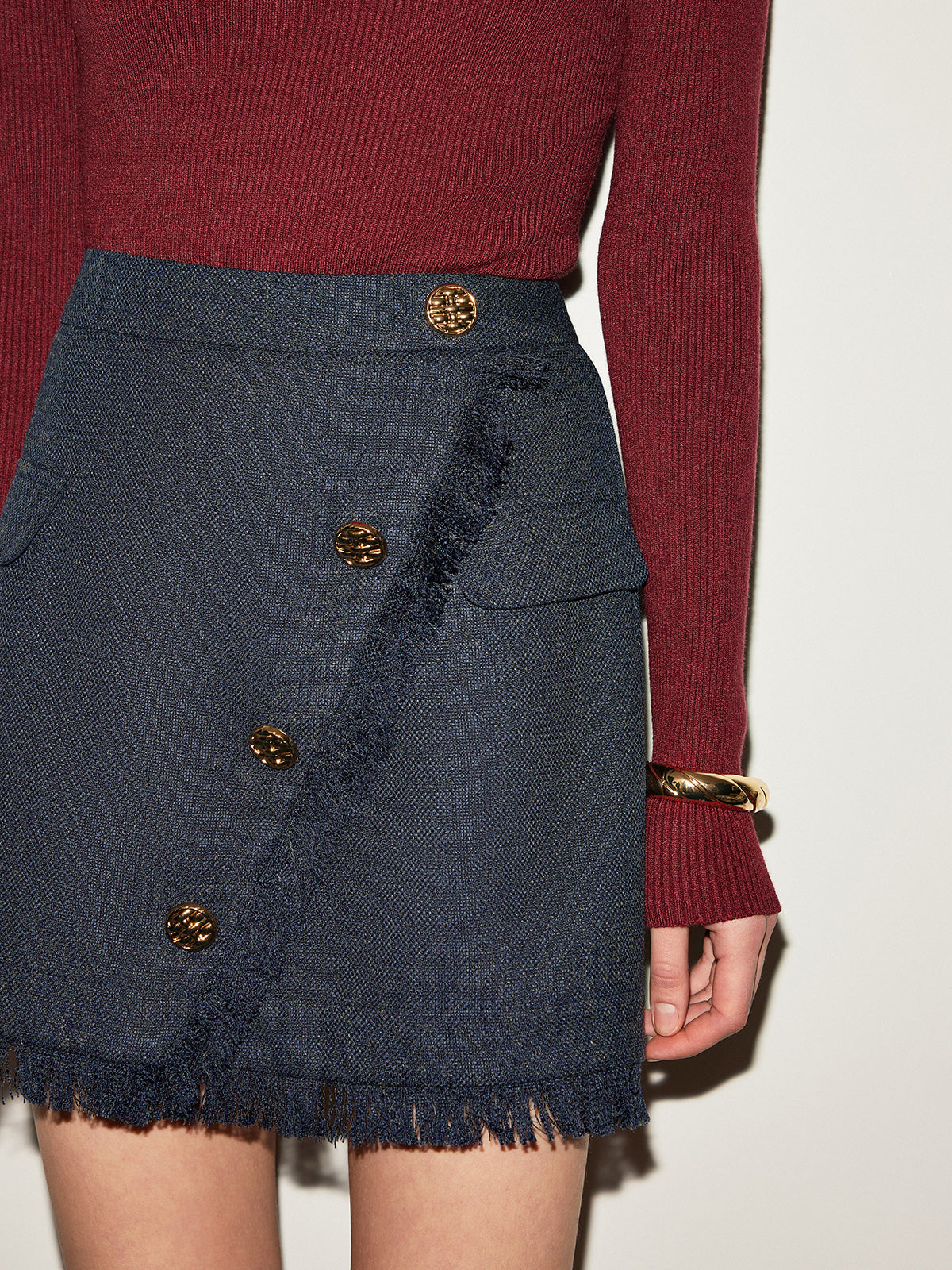 Orta Bel Tweed Püskül Mini Etek