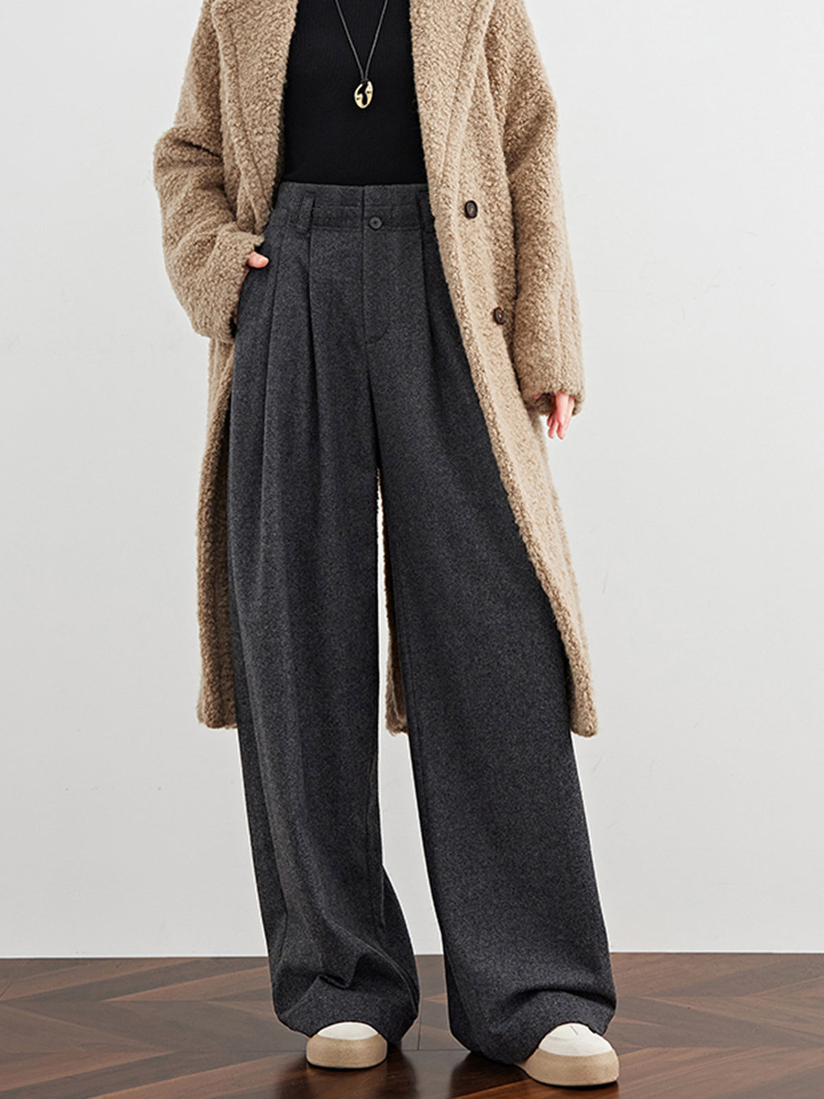 Wool Blend Woven Pleated Pants