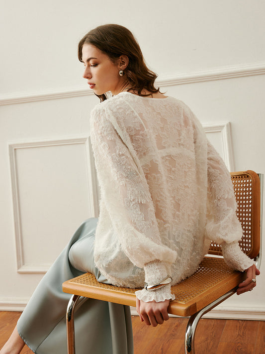 Semi-Sheer V-Neck Lantern Sleeve Embroidered Top