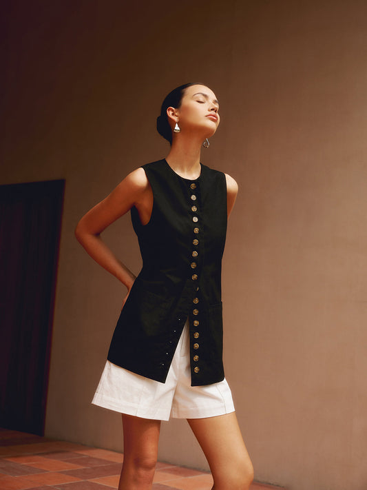 Pamuk ve Keten Düğmeli Yelek