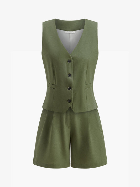 Kemerli Düğmeli V Yaka Şort Takımı