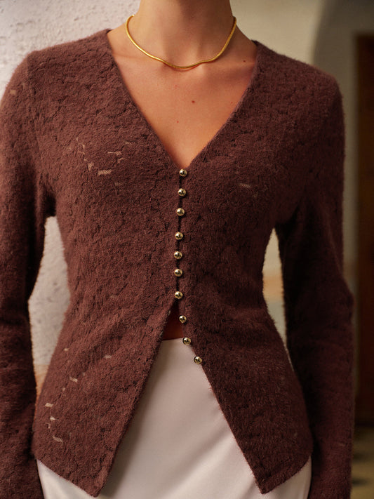 Yarı Şeffaf V Yaka Yarık Dantel Bluz