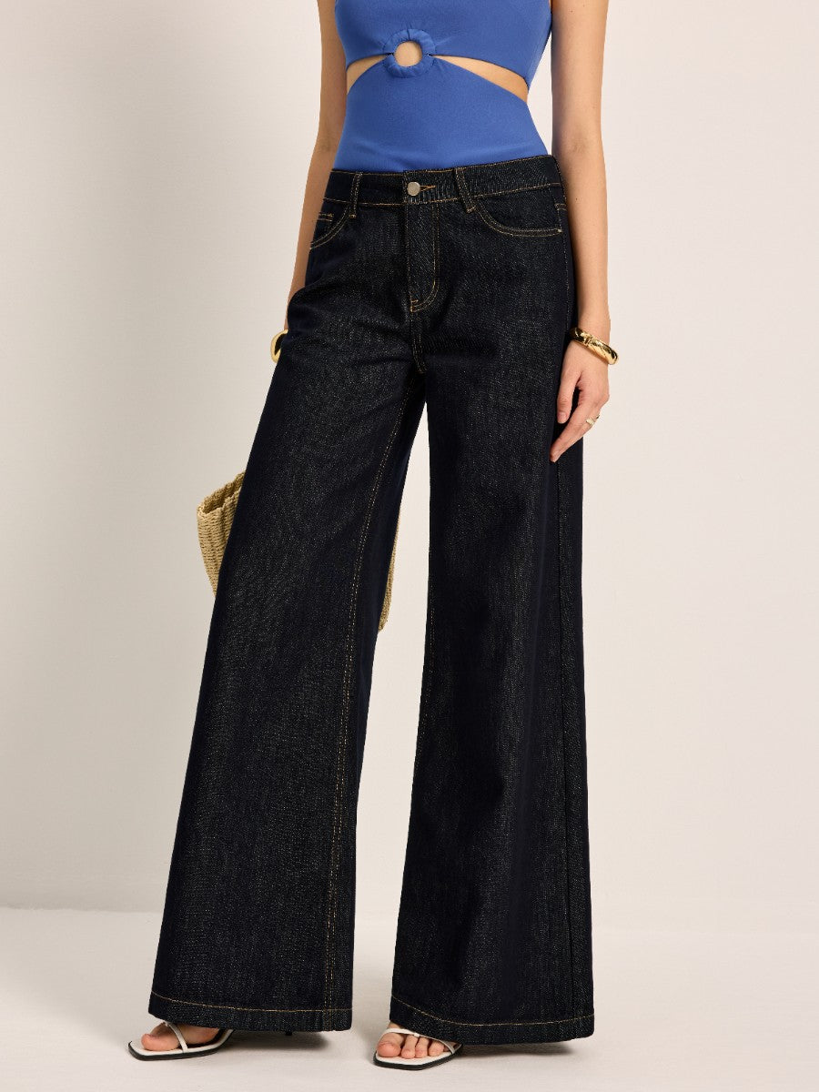 Yüksek Bel Geniş Paça Denim Pantolon