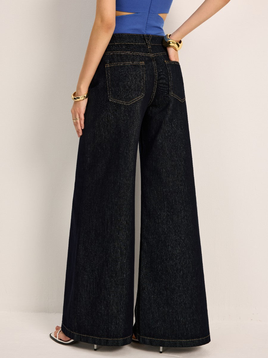Yüksek Bel Geniş Paça Denim Pantolon