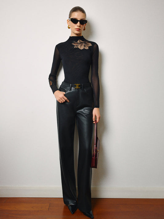 Yarı Şeffaf Ağ-Çiçek Desenli Dar Jarse Üst