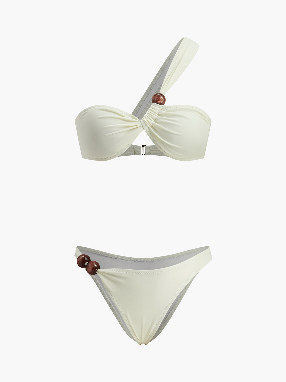Tek Omuzlu Ahşap Boncuk Detaylı Bikini Seti