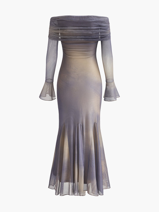 Yarım Şeffaf Tek Omuzlu Çan Kol Elbise