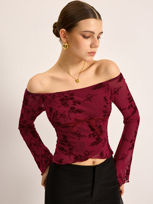 Off-Shoulder Çiçek Desenli Yarım Şeffaf Tişört