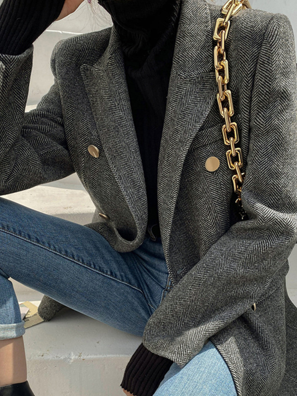 Yün Karışımı Şevron Ekose Uyumlu Blazer