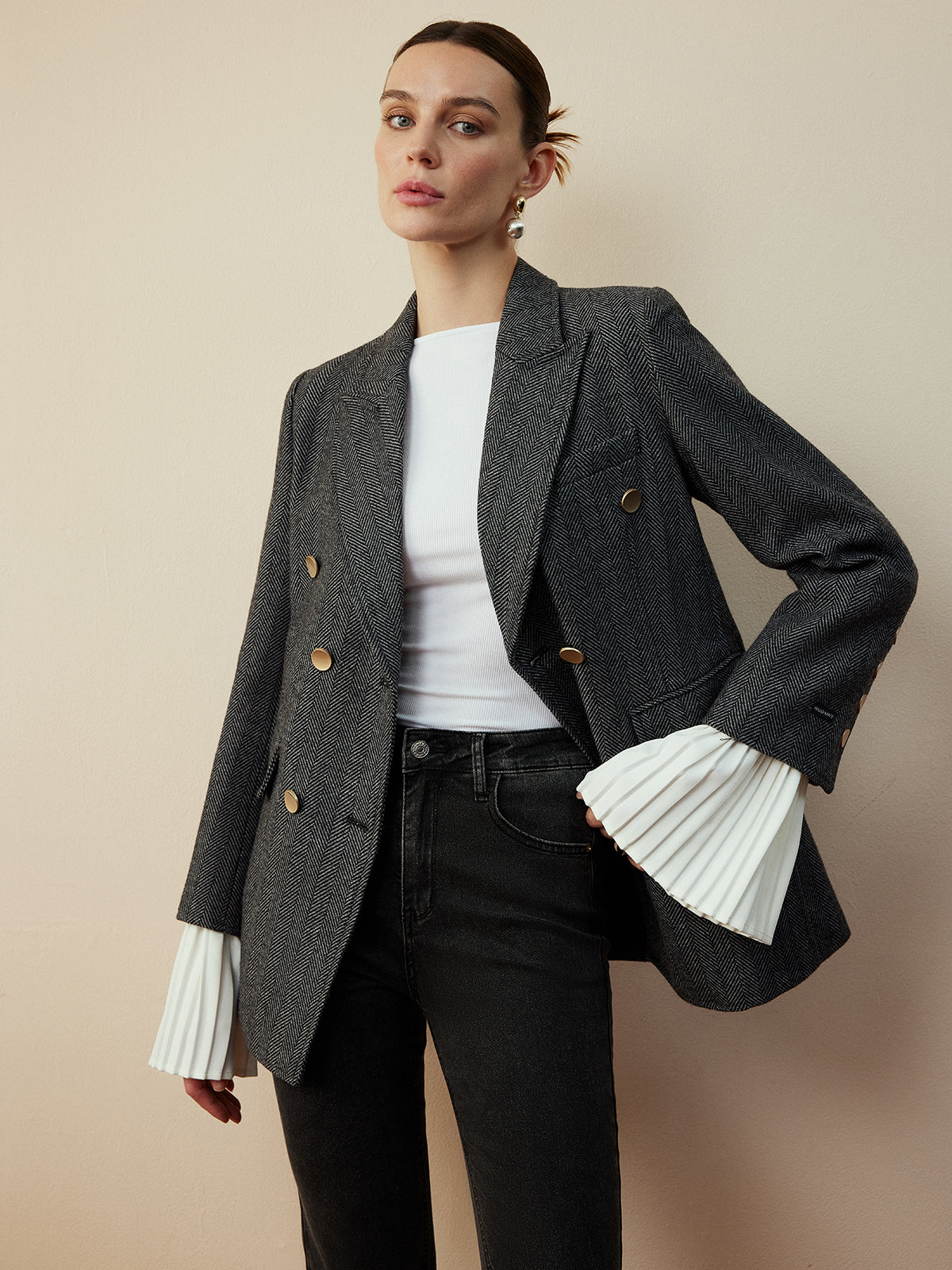 Yün Karışımı Şevron Ekose Uyumlu Blazer