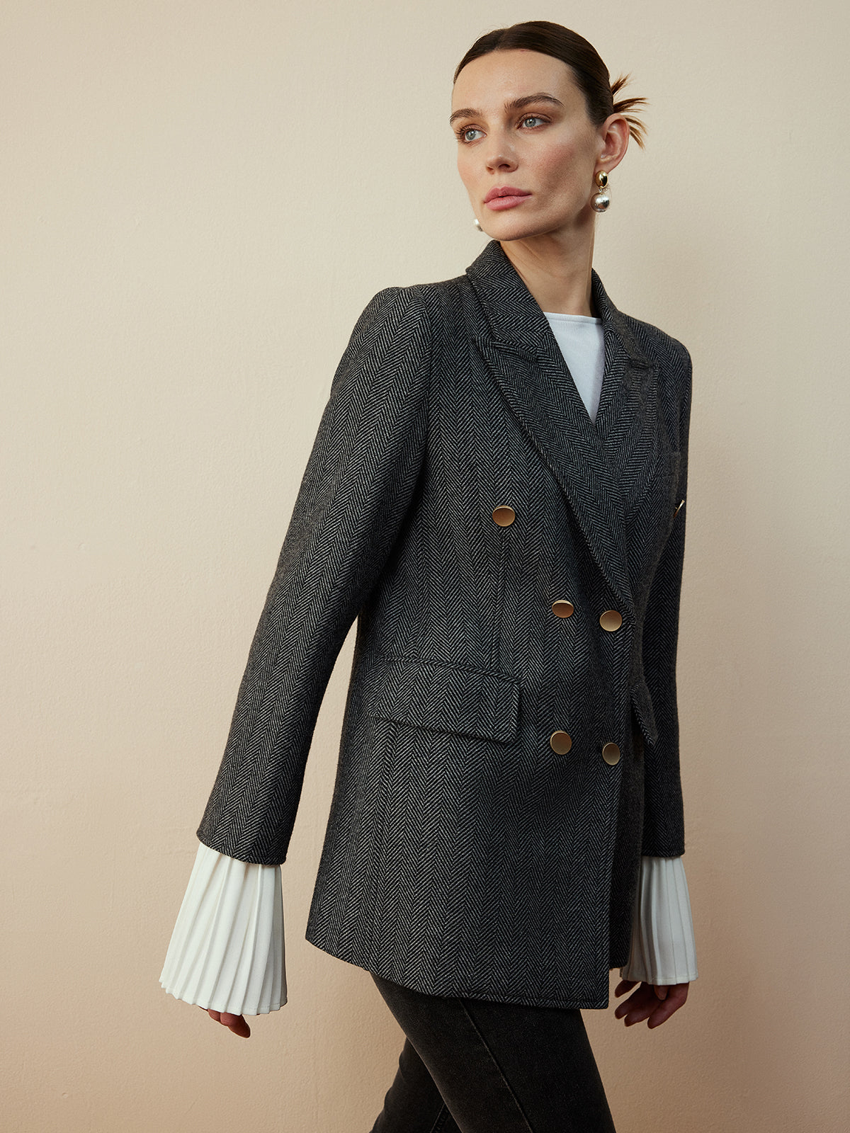 Yün Karışımı Şevron Ekose Uyumlu Blazer