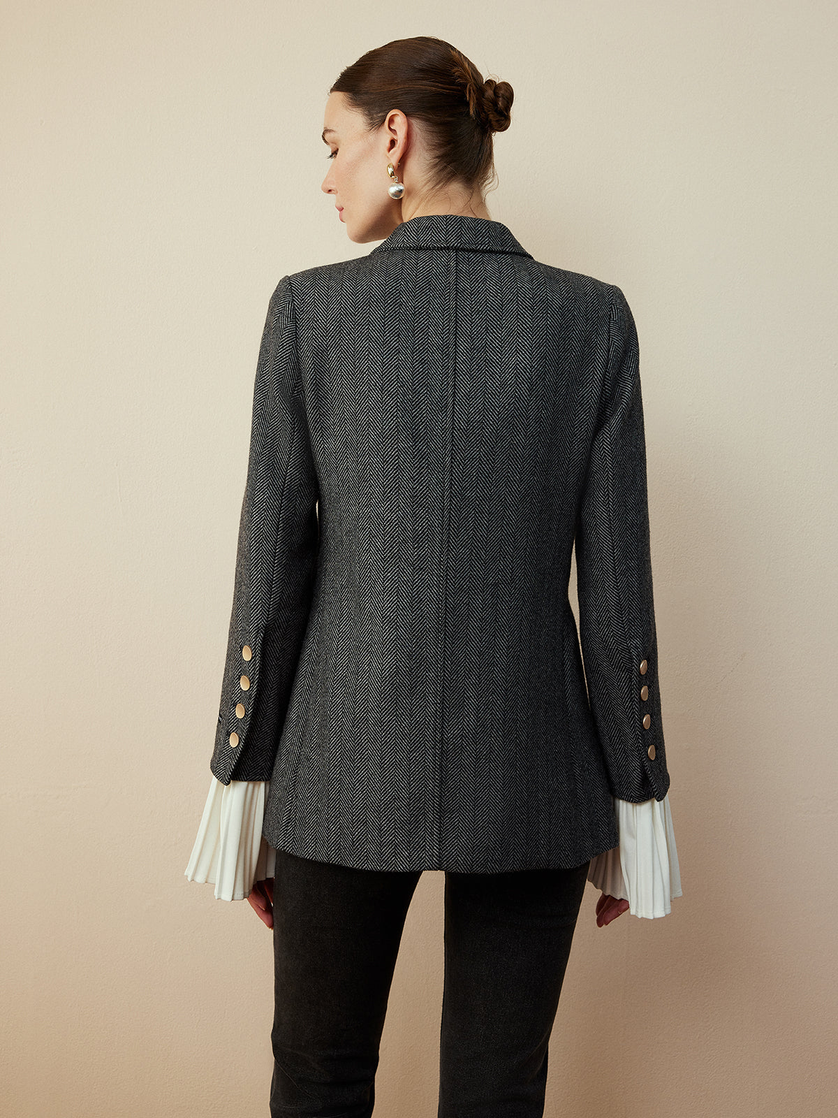 Yün Karışımı Şevron Ekose Uyumlu Blazer