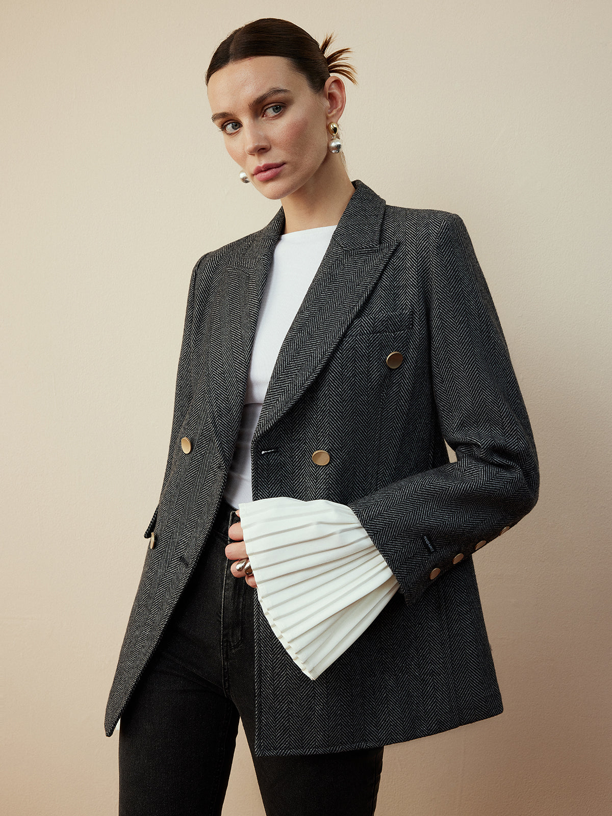 Yün Karışımı Şevron Ekose Uyumlu Blazer